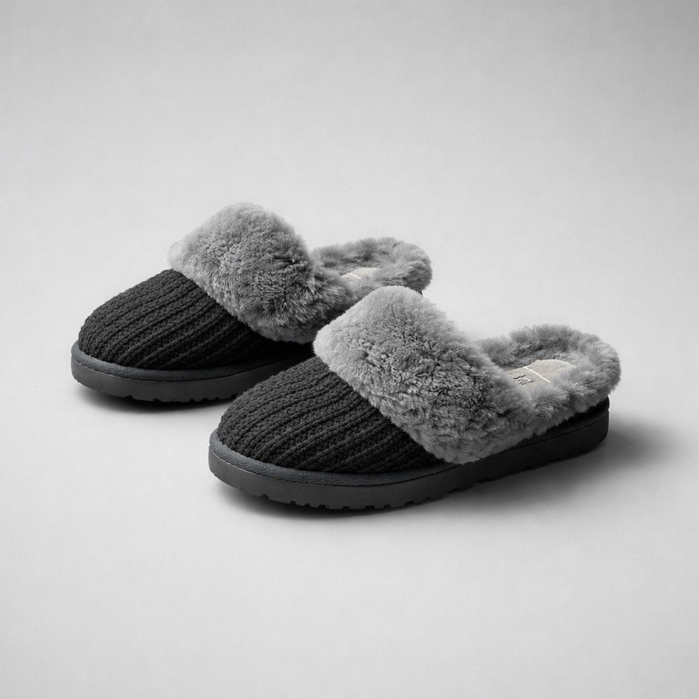 UGG Coquette Knit Slipper Mules Black‎ Grey Sheepskin Fur 1117651 Womens 7